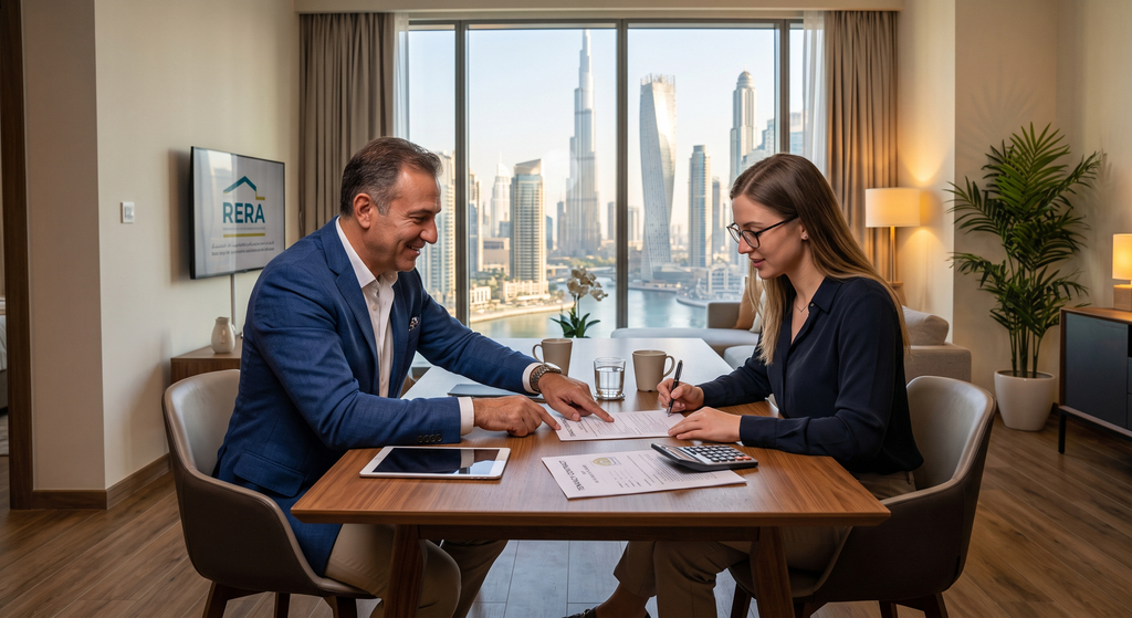 Tenant and landlord reviewing a tenancy contract under the Dubai Smart Rental Index