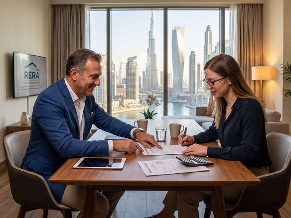 Tenant and landlord reviewing a tenancy contract under the Dubai Smart Rental Index
