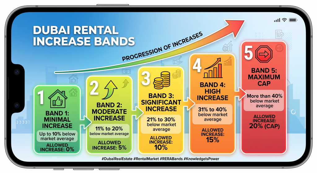 Dubai rent increase percentage bands chart under the Smart Rental Index