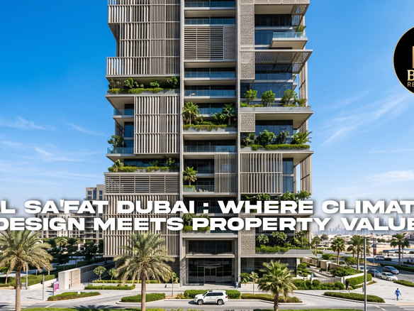 Al Sa'fat Dubai green building tower with shading louvers and green terraces against a blue sky