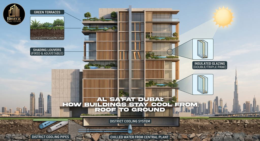Al Sa'fat Dubai diagram showing green terraces, shading louvers, insulated glazing, and district cooling system in a cross-section building illustration