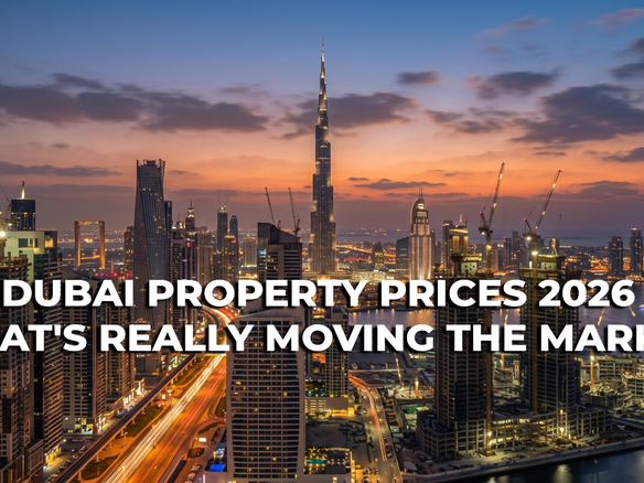 Dubai property prices 2026 skyline banner showing residential towers representing shifting community-level market trends