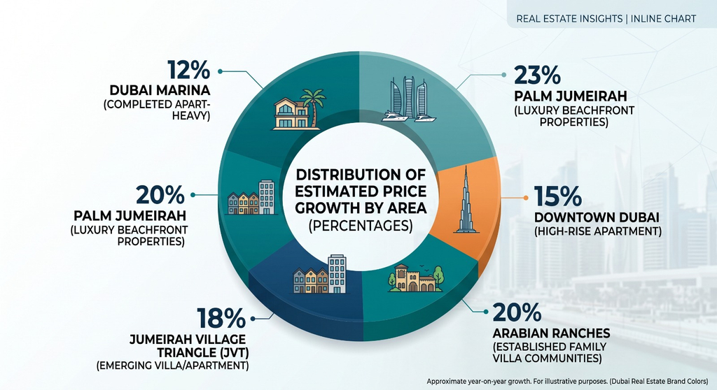 Bar chart showing Dubai property prices 2026 growth across villa communities versus apartment-heavy areas