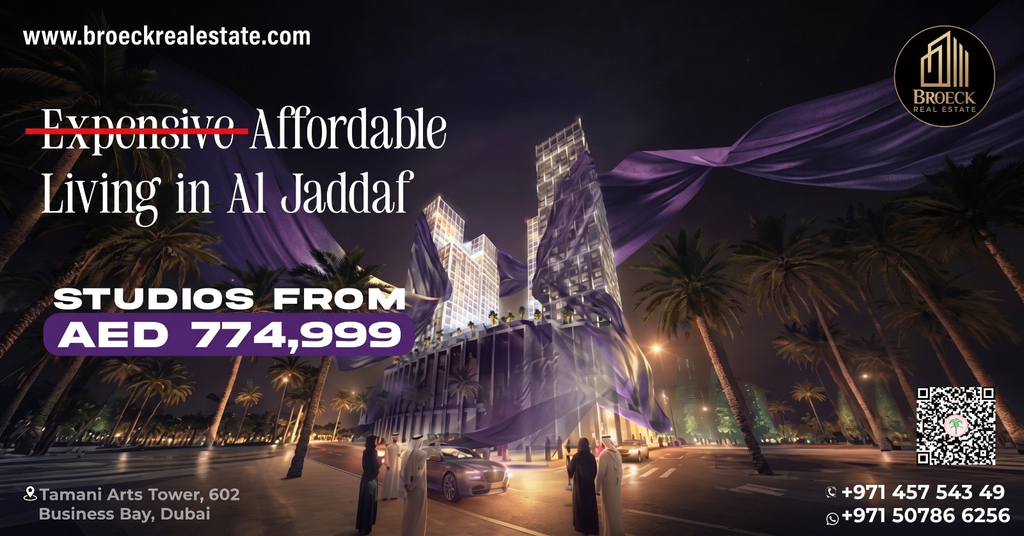 Binghatti Spectre Al Jaddaf twin towers at night with studios from AED 774,999